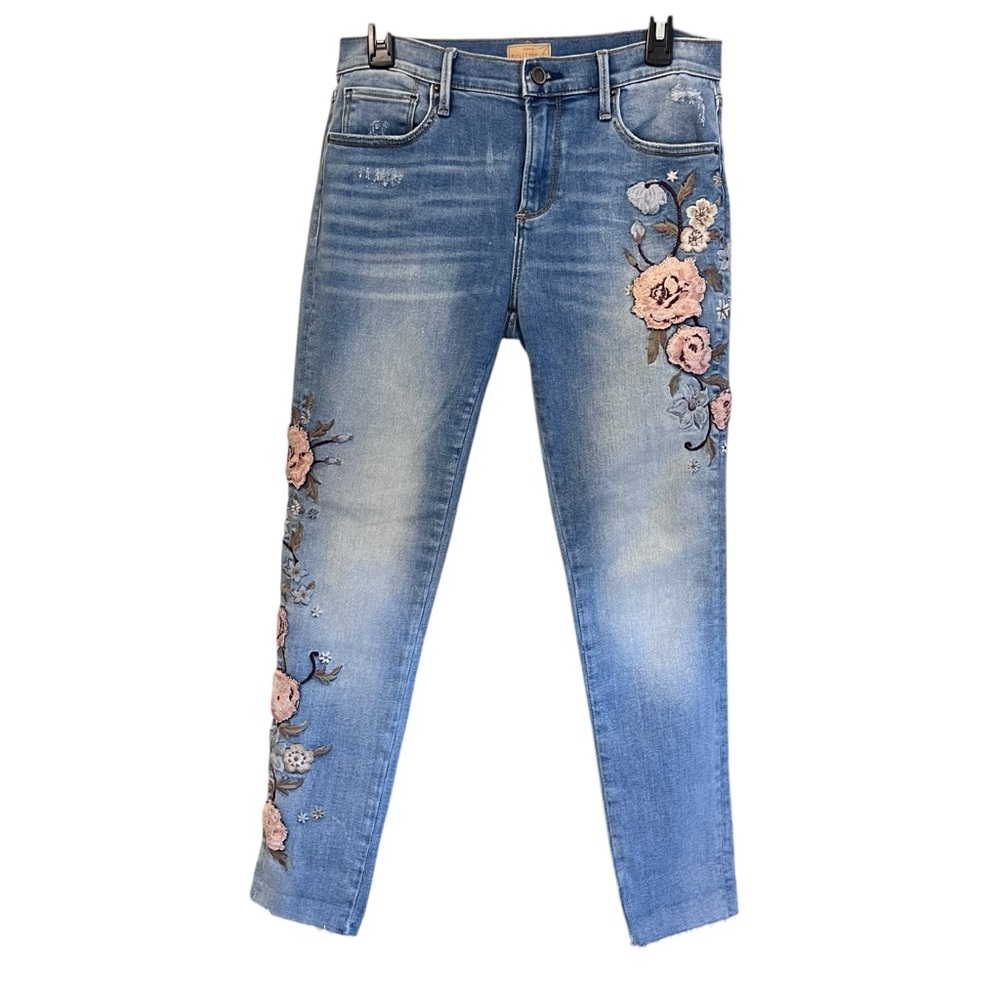 DRIFTWOOD Jackie Classic Fit Embroidered Distressed Jeans Size 30 (tagged 28)